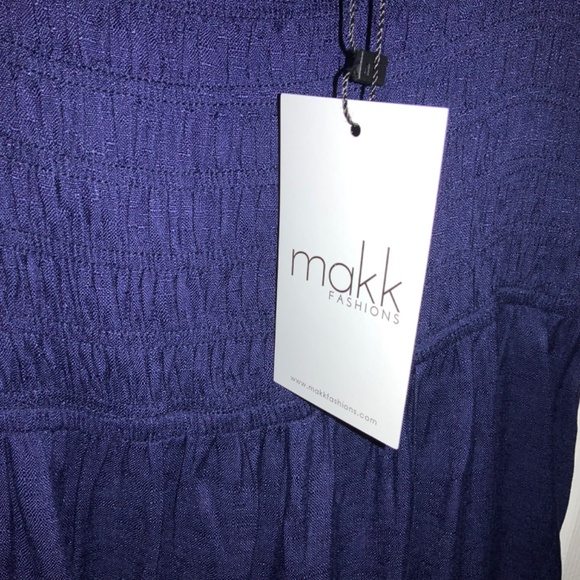Makk blue smocked tiered sundress Sz L tie shoulder straps lace trim New - Picture 2 of 5